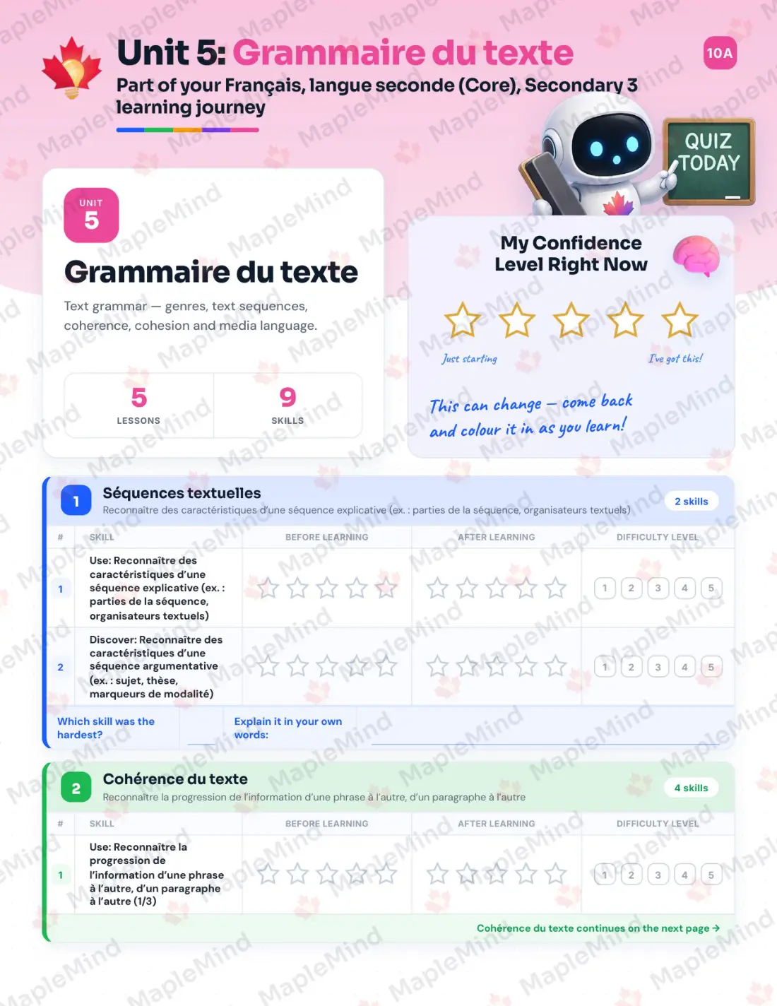 Page 25 of 53 from the Français, langue seconde (Core), Secondary 3 Quebec Course Companion — skills tracker with before and after self-assessment