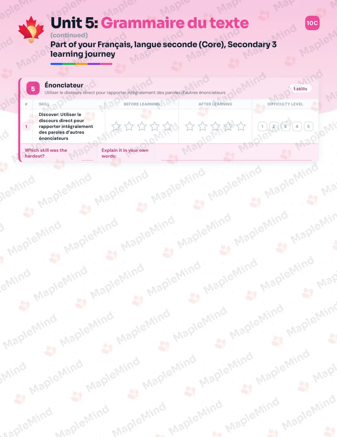 Page 27 of 53 from the Français, langue seconde (Core), Secondary 3 Quebec Course Companion — skills tracker with before and after self-assessment