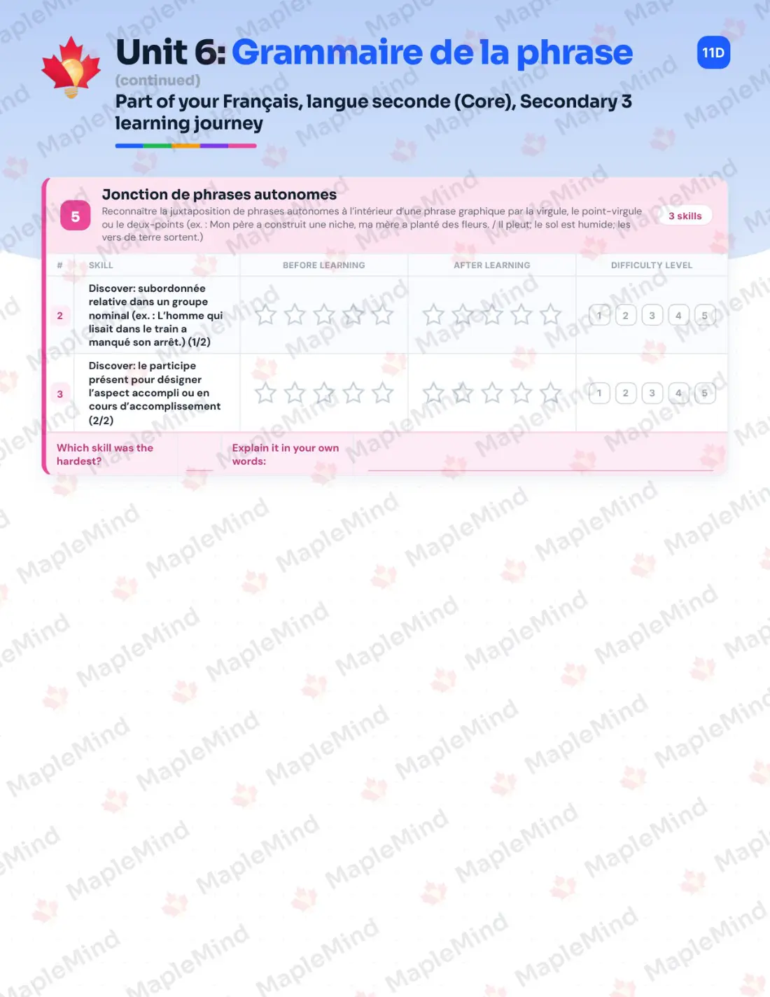 Page 33 of 53 from the Français, langue seconde (Core), Secondary 3 Quebec Course Companion — skills tracker with before and after self-assessment