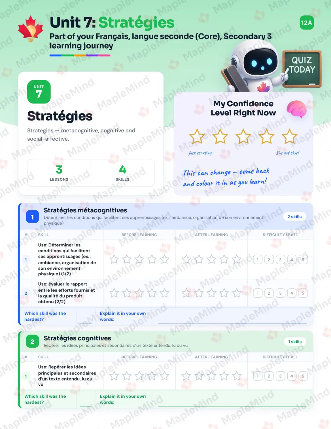 Page 36 of 53 from the Français, langue seconde (Core), Secondary 3 Quebec Course Companion — skills tracker with before and after self-assessment