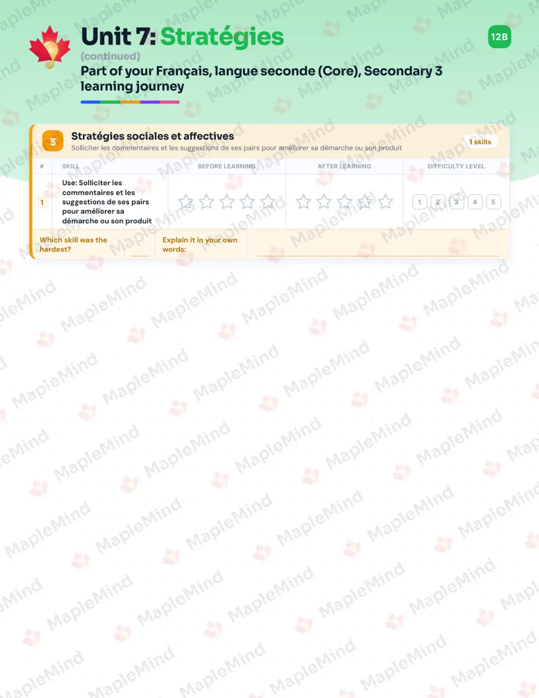 Page 37 of 53 from the Français, langue seconde (Core), Secondary 3 Quebec Course Companion — skills tracker with before and after self-assessment