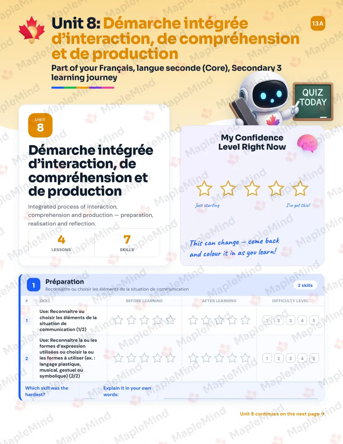 Page 40 of 53 from the Français, langue seconde (Core), Secondary 3 Quebec Course Companion — skills tracker with before and after self-assessment