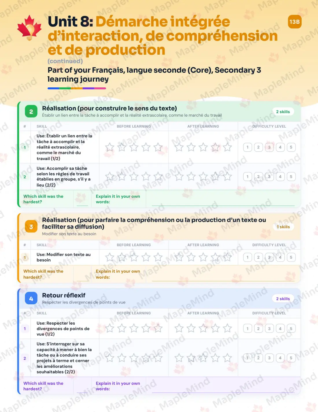 Page 41 of 53 from the Français, langue seconde (Core), Secondary 3 Quebec Course Companion — skills tracker with before and after self-assessment