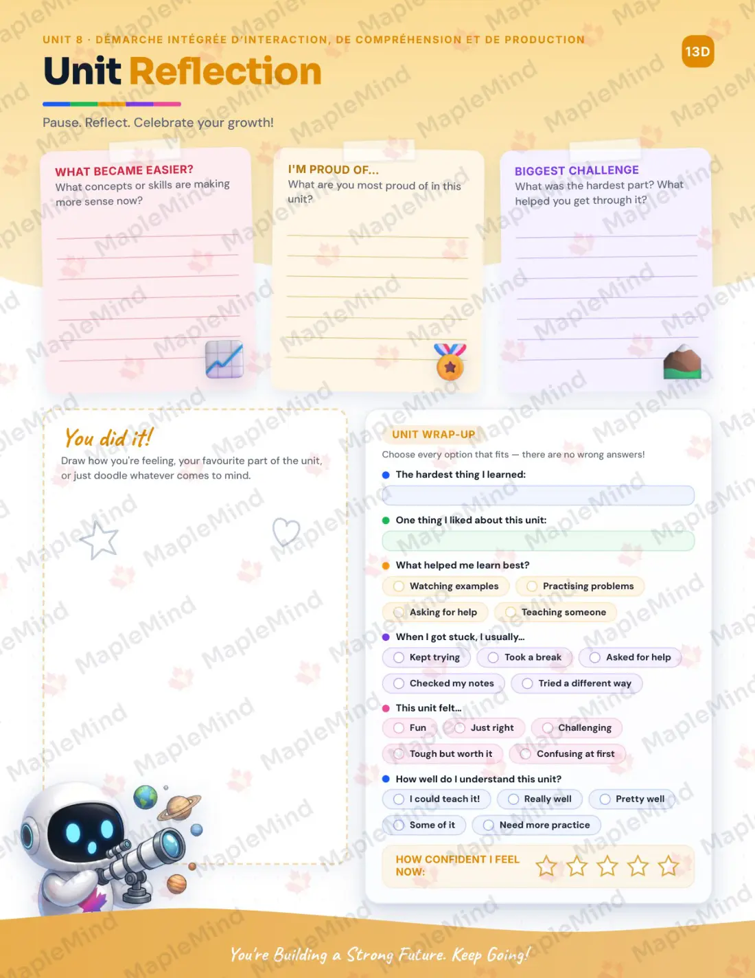 Page 43 of 53 from the Français, langue seconde (Core), Secondary 3 Quebec Course Companion — skills tracker with before and after self-assessment