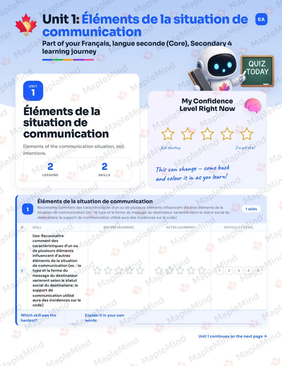Page 7 of 50 from the Français, langue seconde (Core), Secondary 4 Quebec Course Companion — skills tracker with before and after self-assessment