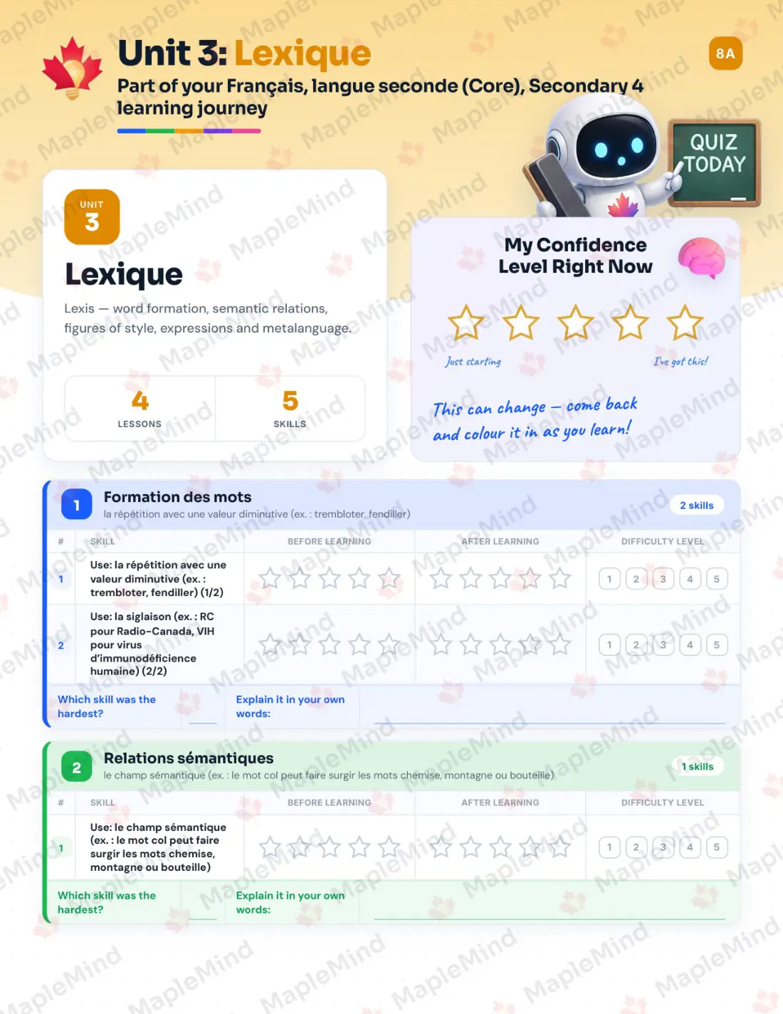 Page 15 of 50 from the Français, langue seconde (Core), Secondary 4 Quebec Course Companion — skills tracker with before and after self-assessment