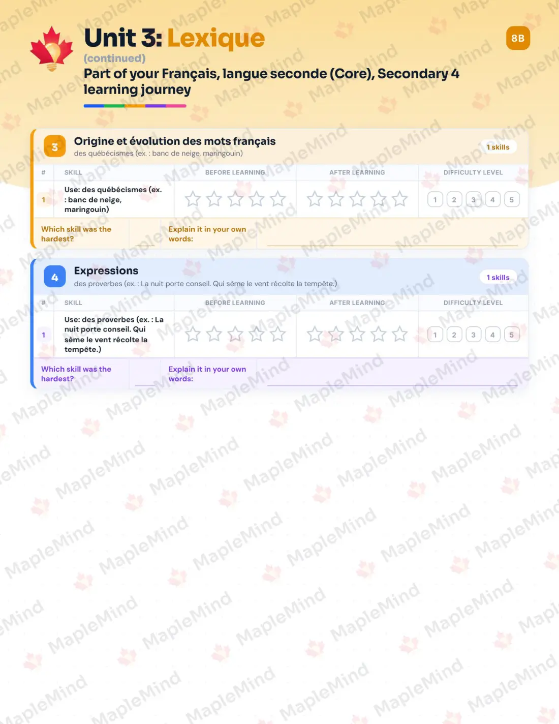 Page 16 of 50 from the Français, langue seconde (Core), Secondary 4 Quebec Course Companion — skills tracker with before and after self-assessment