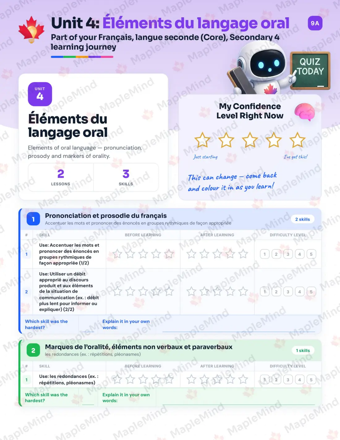 Page 19 of 50 from the Français, langue seconde (Core), Secondary 4 Quebec Course Companion — skills tracker with before and after self-assessment