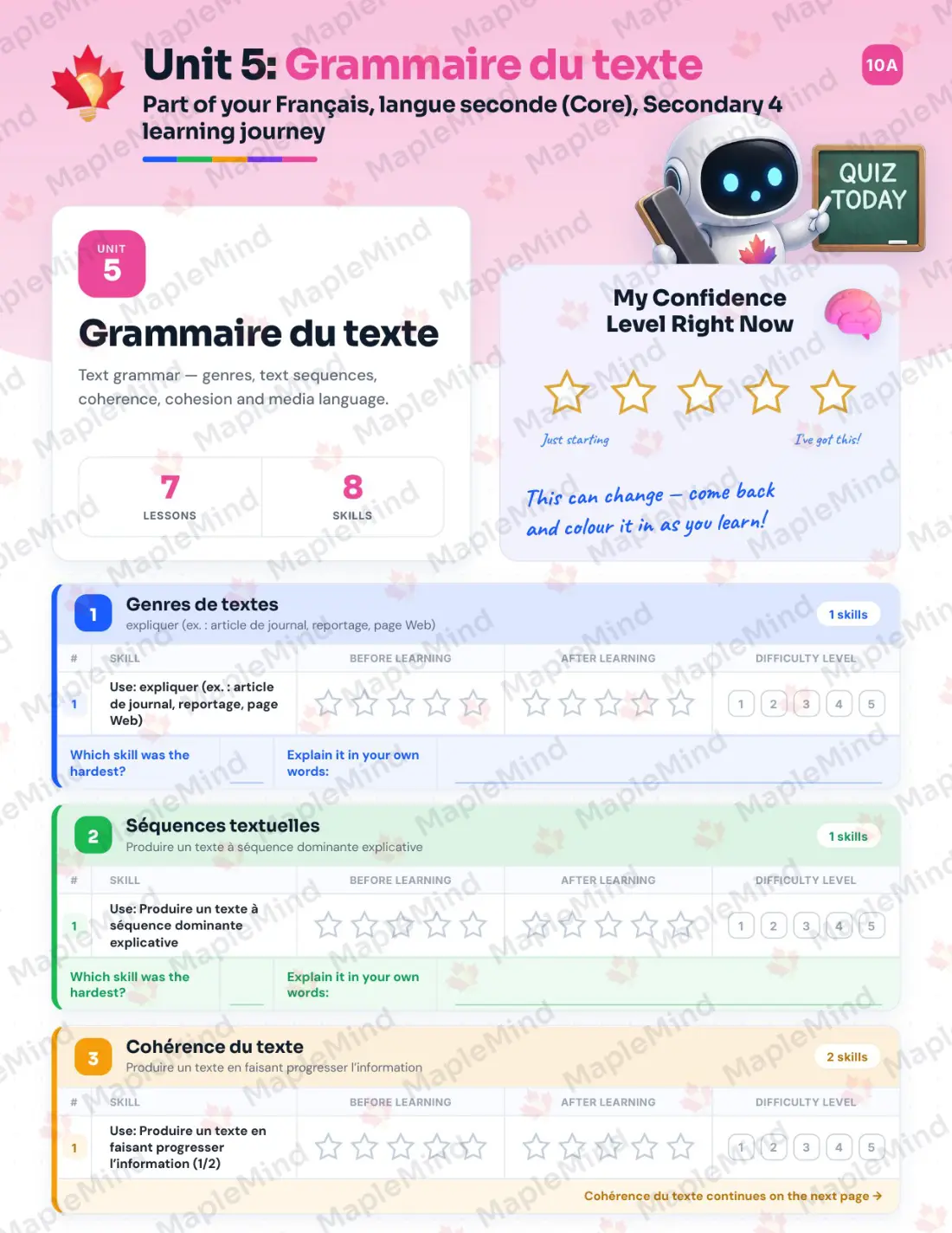 Page 22 of 50 from the Français, langue seconde (Core), Secondary 4 Quebec Course Companion — skills tracker with before and after self-assessment