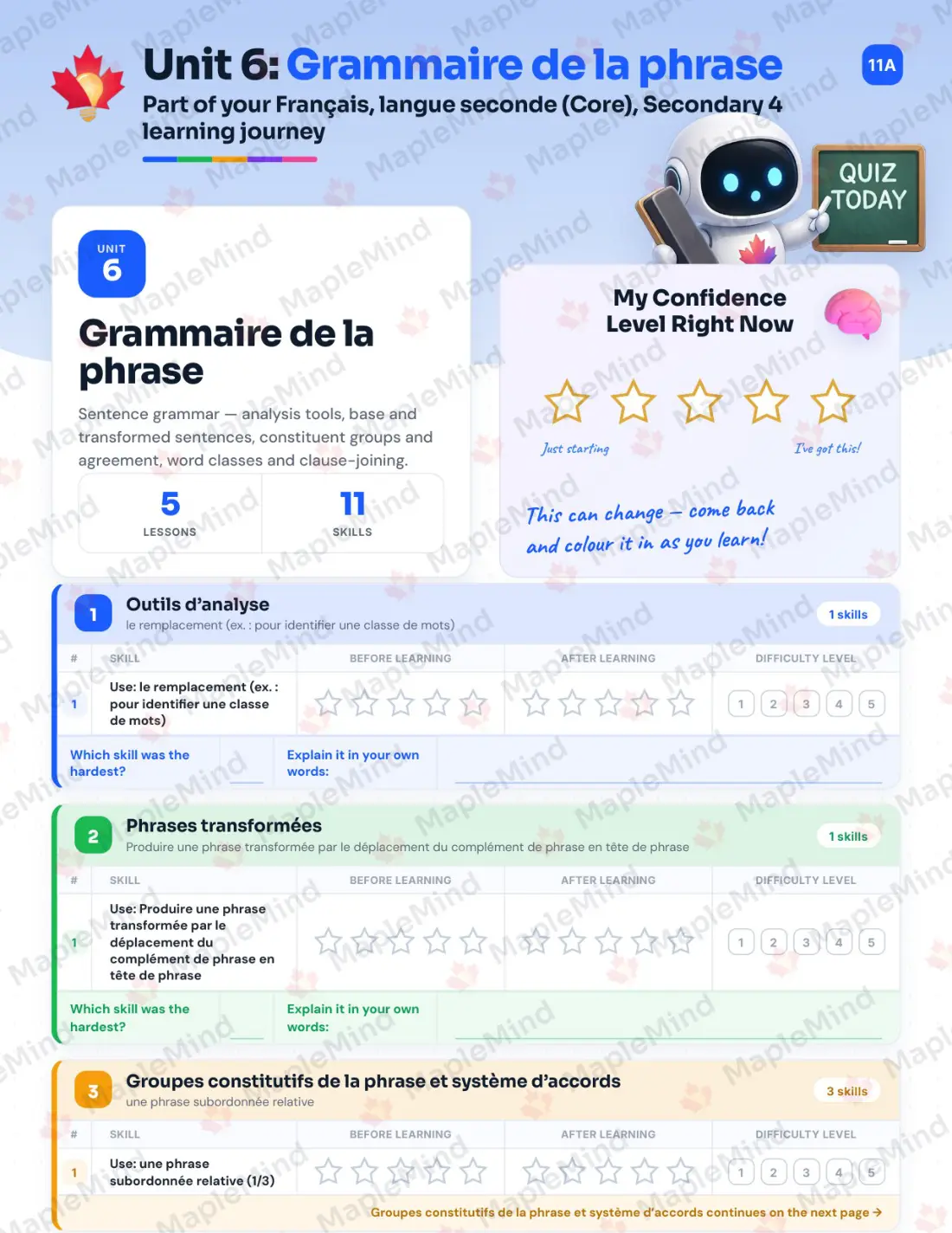 Page 27 of 50 from the Français, langue seconde (Core), Secondary 4 Quebec Course Companion — skills tracker with before and after self-assessment