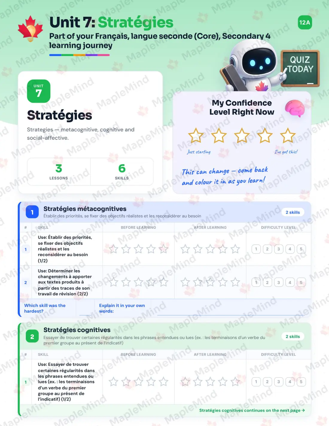 Page 32 of 50 from the Français, langue seconde (Core), Secondary 4 Quebec Course Companion — skills tracker with before and after self-assessment