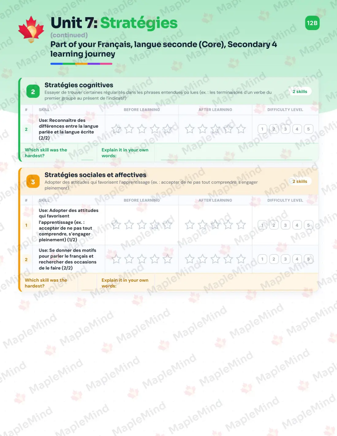 Page 33 of 50 from the Français, langue seconde (Core), Secondary 4 Quebec Course Companion — skills tracker with before and after self-assessment