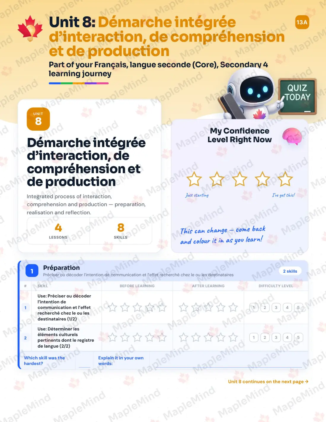 Page 36 of 50 from the Français, langue seconde (Core), Secondary 4 Quebec Course Companion — skills tracker with before and after self-assessment