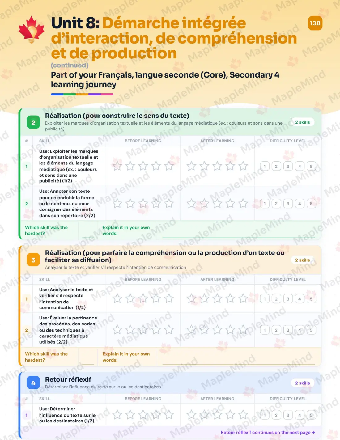 Page 37 of 50 from the Français, langue seconde (Core), Secondary 4 Quebec Course Companion — skills tracker with before and after self-assessment