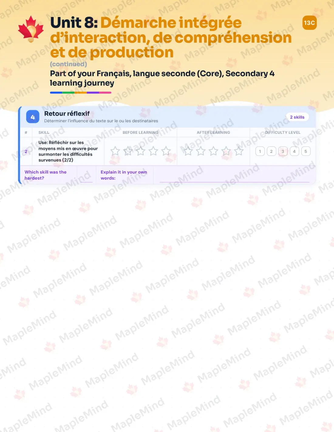 Page 38 of 50 from the Français, langue seconde (Core), Secondary 4 Quebec Course Companion — skills tracker with before and after self-assessment