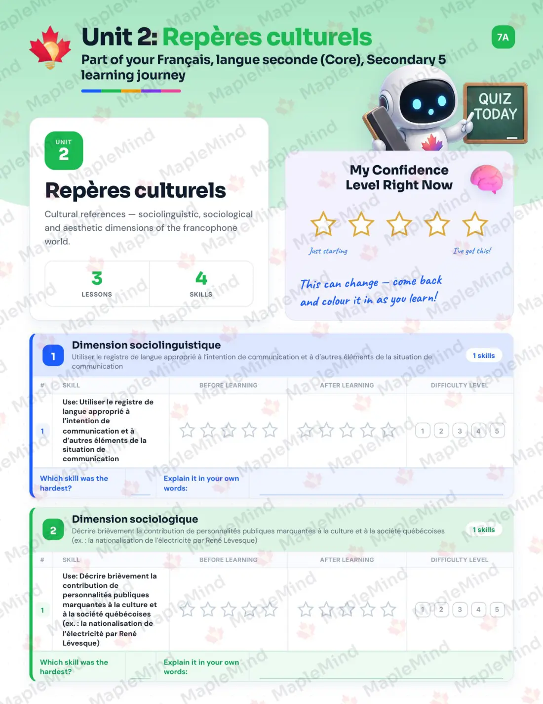 Page 10 of 47 from the Français, langue seconde (Core), Secondary 5 Quebec Course Companion — skills tracker with before and after self-assessment