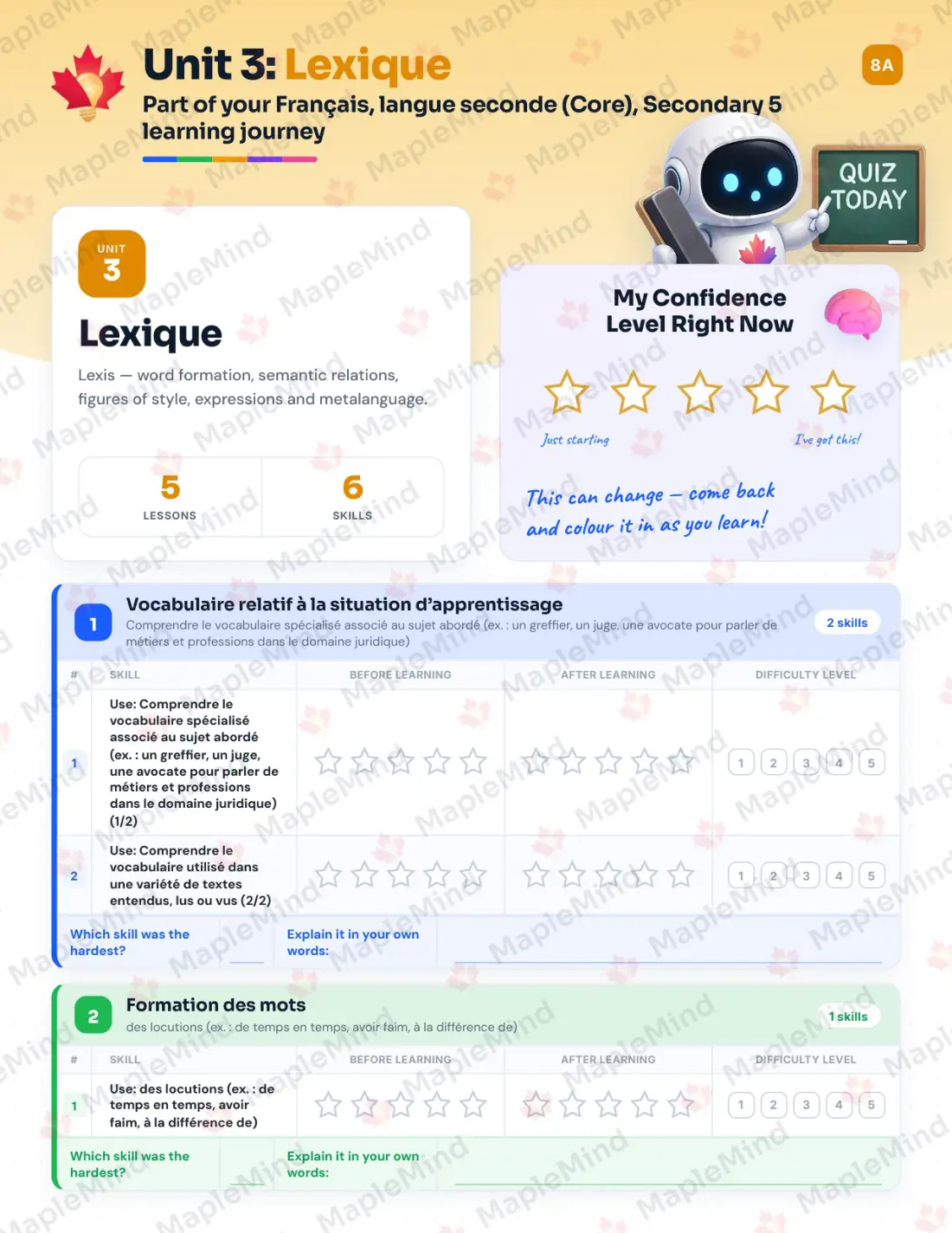 Page 14 of 47 from the Français, langue seconde (Core), Secondary 5 Quebec Course Companion — skills tracker with before and after self-assessment
