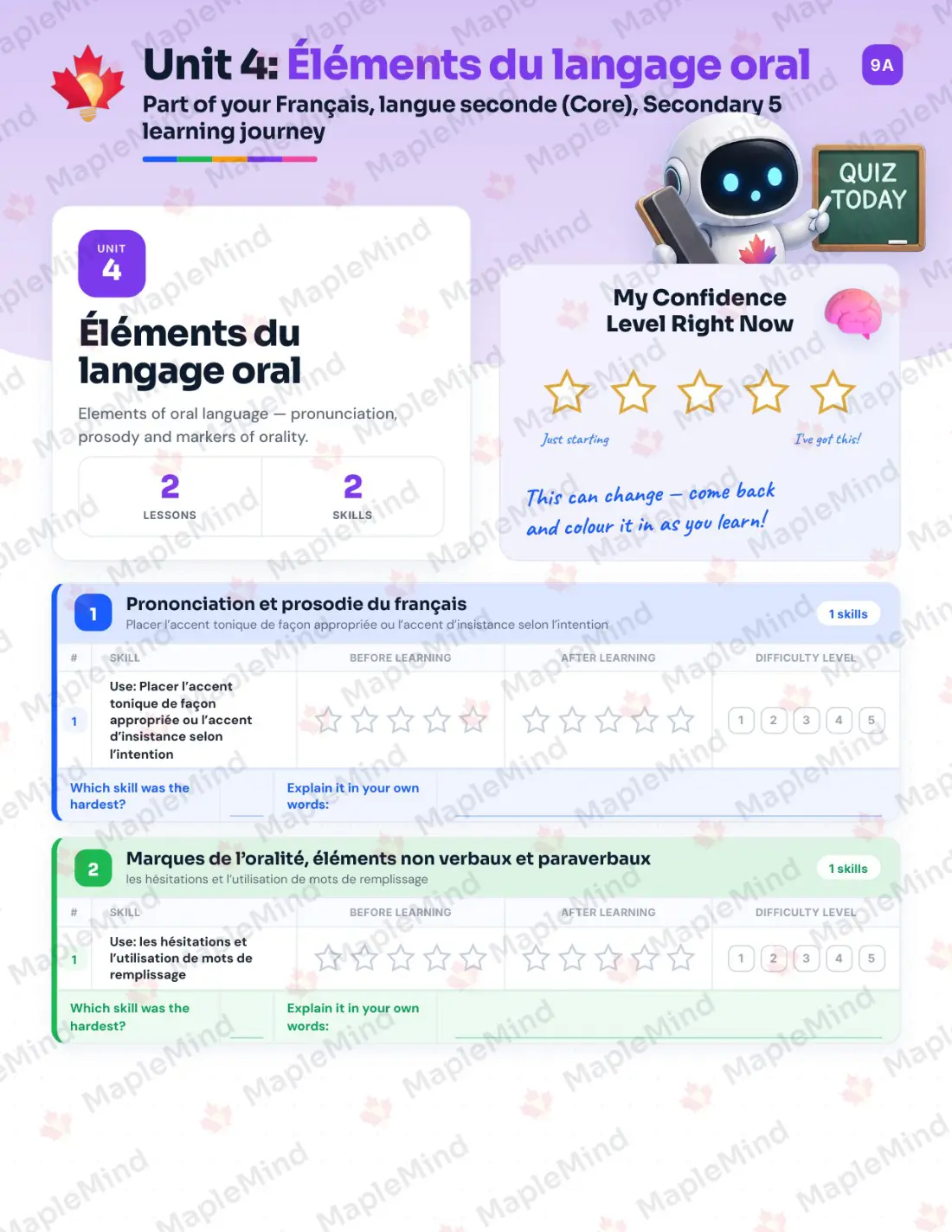 Page 18 of 47 from the Français, langue seconde (Core), Secondary 5 Quebec Course Companion — skills tracker with before and after self-assessment