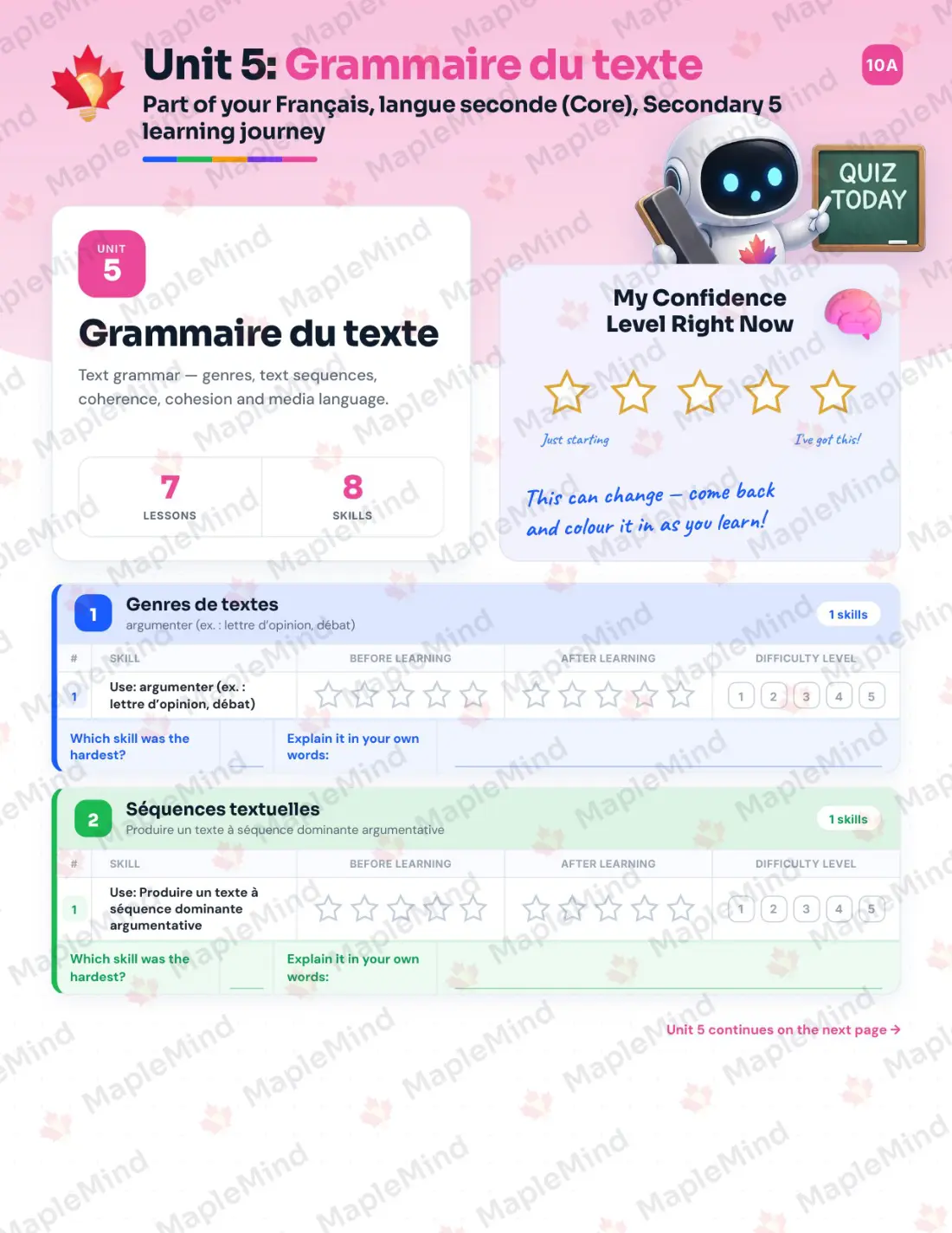 Page 21 of 47 from the Français, langue seconde (Core), Secondary 5 Quebec Course Companion — skills tracker with before and after self-assessment