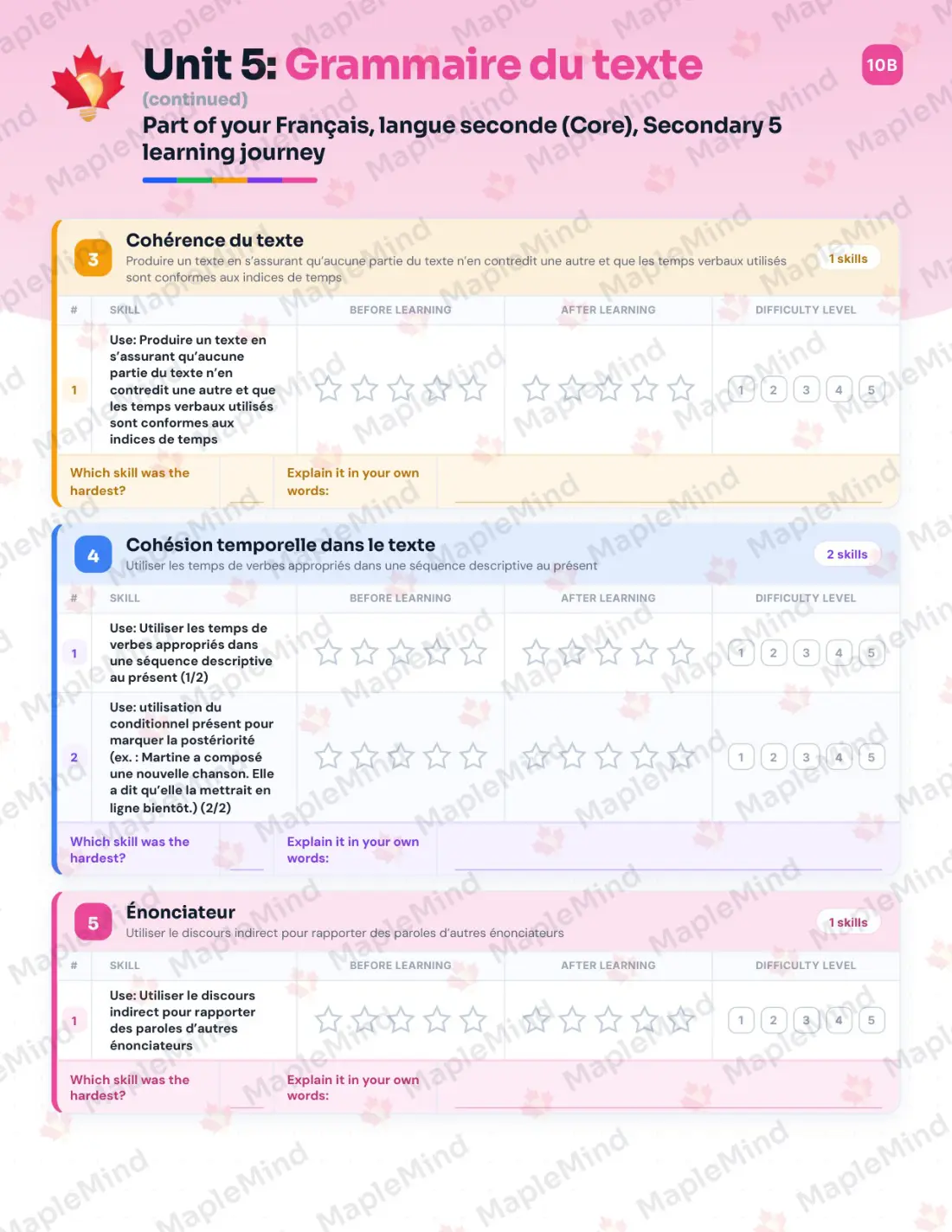 Page 22 of 47 from the Français, langue seconde (Core), Secondary 5 Quebec Course Companion — skills tracker with before and after self-assessment