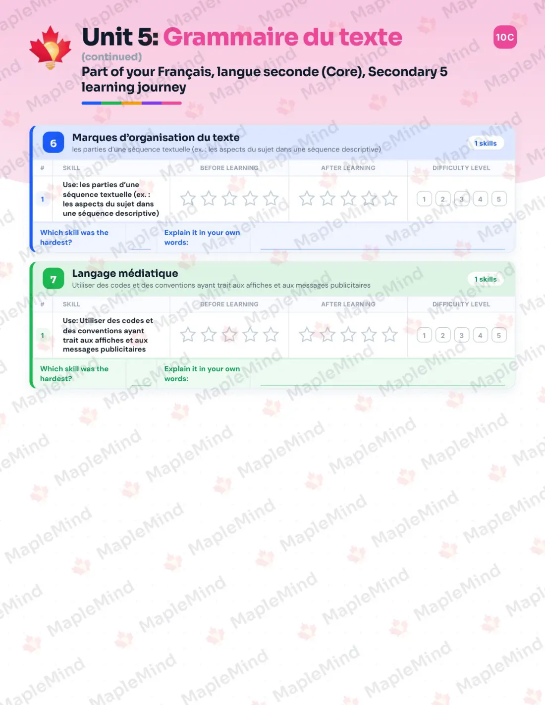 Page 23 of 47 from the Français, langue seconde (Core), Secondary 5 Quebec Course Companion — skills tracker with before and after self-assessment