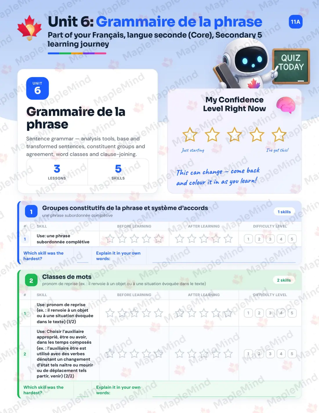 Page 26 of 47 from the Français, langue seconde (Core), Secondary 5 Quebec Course Companion — skills tracker with before and after self-assessment