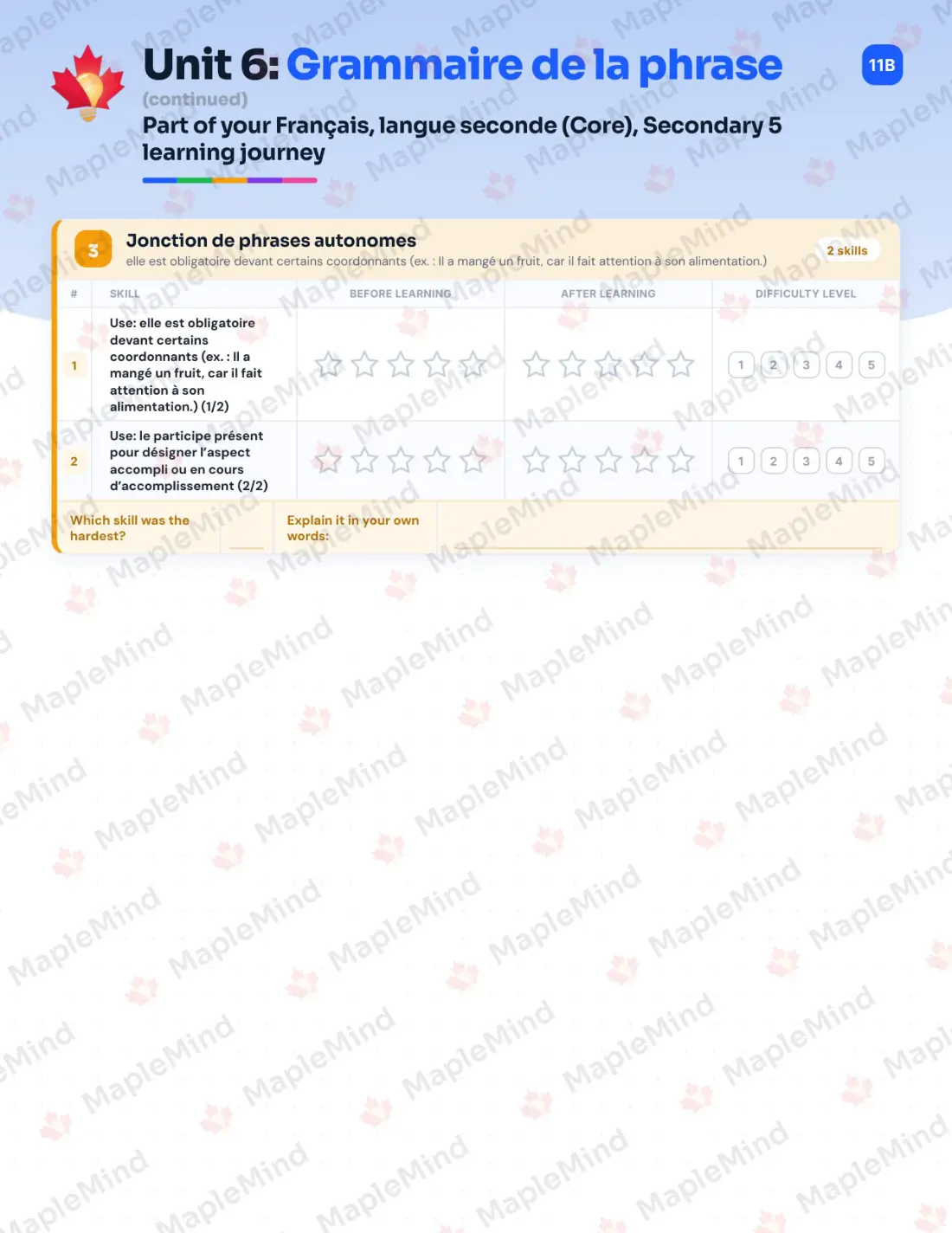 Page 27 of 47 from the Français, langue seconde (Core), Secondary 5 Quebec Course Companion — skills tracker with before and after self-assessment