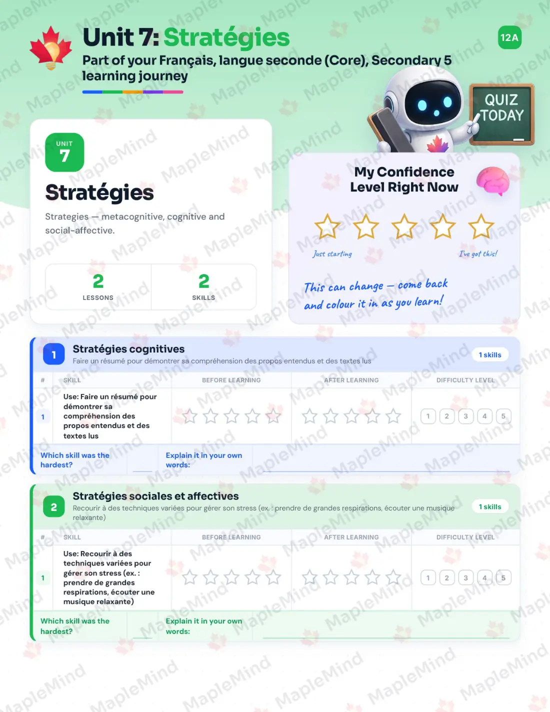 Page 30 of 47 from the Français, langue seconde (Core), Secondary 5 Quebec Course Companion — skills tracker with before and after self-assessment