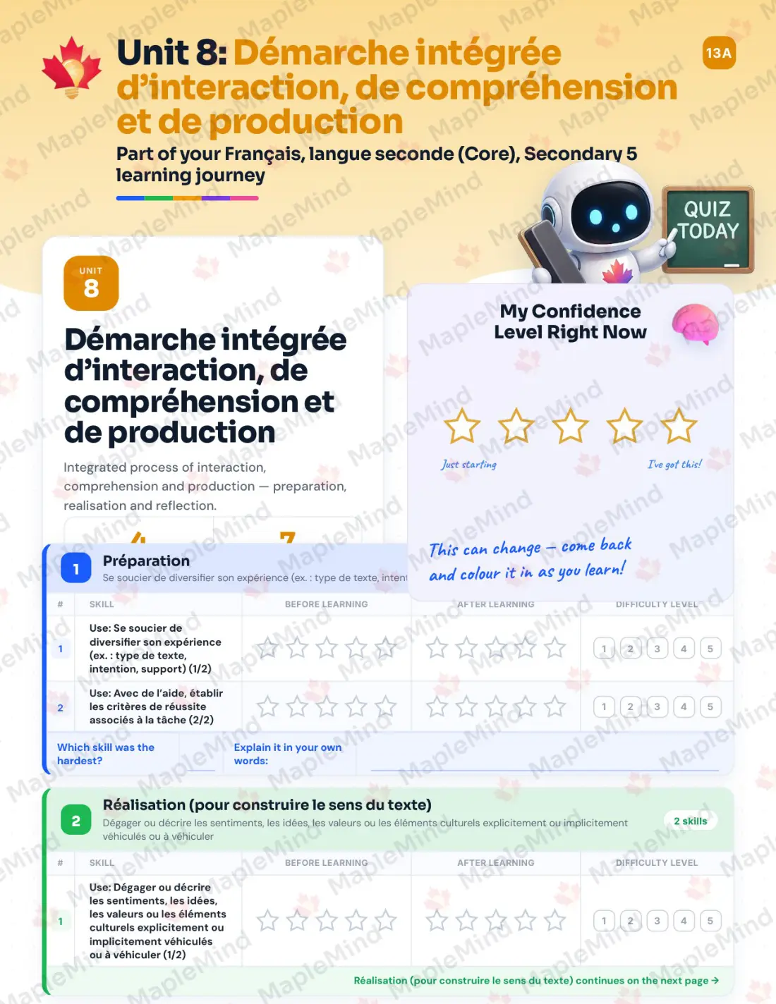 Page 33 of 47 from the Français, langue seconde (Core), Secondary 5 Quebec Course Companion — skills tracker with before and after self-assessment
