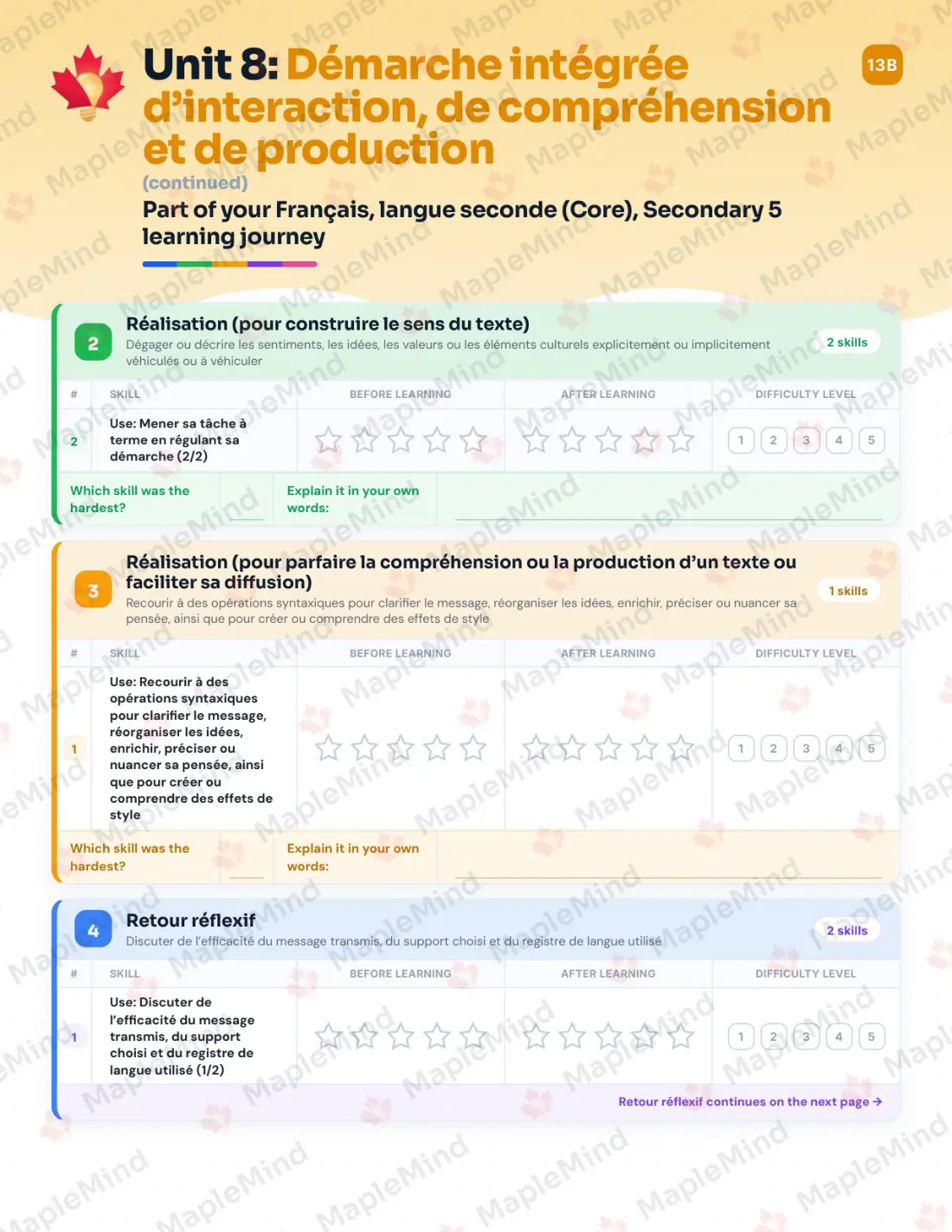 Page 34 of 47 from the Français, langue seconde (Core), Secondary 5 Quebec Course Companion — skills tracker with before and after self-assessment