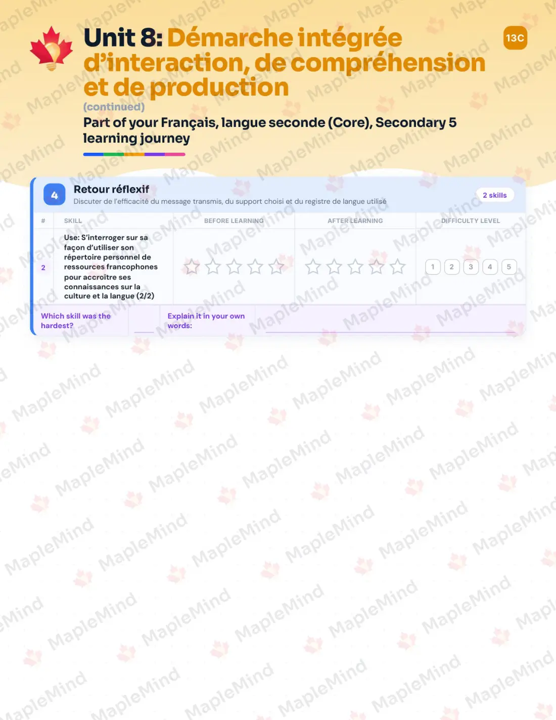 Page 35 of 47 from the Français, langue seconde (Core), Secondary 5 Quebec Course Companion — skills tracker with before and after self-assessment