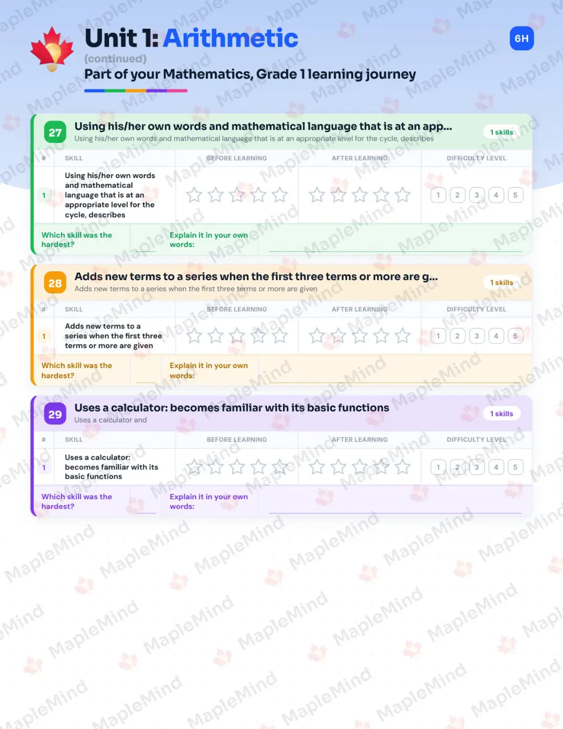 Page 15 of 46 from the Mathematics, Grade 1 Quebec Course Companion — skills tracker with before and after self-assessment
