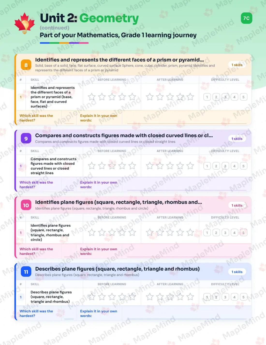 Page 20 of 46 from the Mathematics, Grade 1 Quebec Course Companion — skills tracker with before and after self-assessment