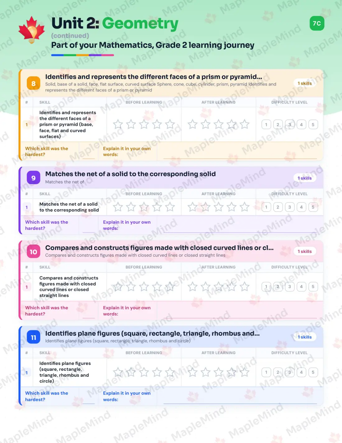Page 20 of 46 from the Mathematics, Grade 2 Quebec Course Companion — skills tracker with before and after self-assessment