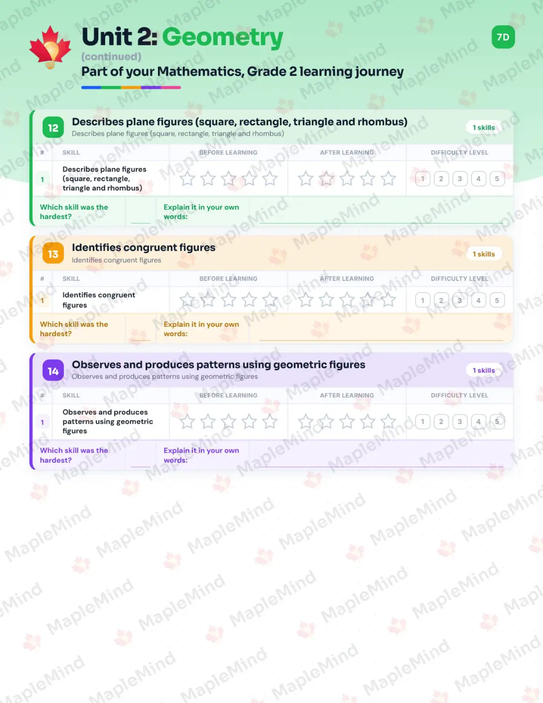 Page 21 of 46 from the Mathematics, Grade 2 Quebec Course Companion — skills tracker with before and after self-assessment