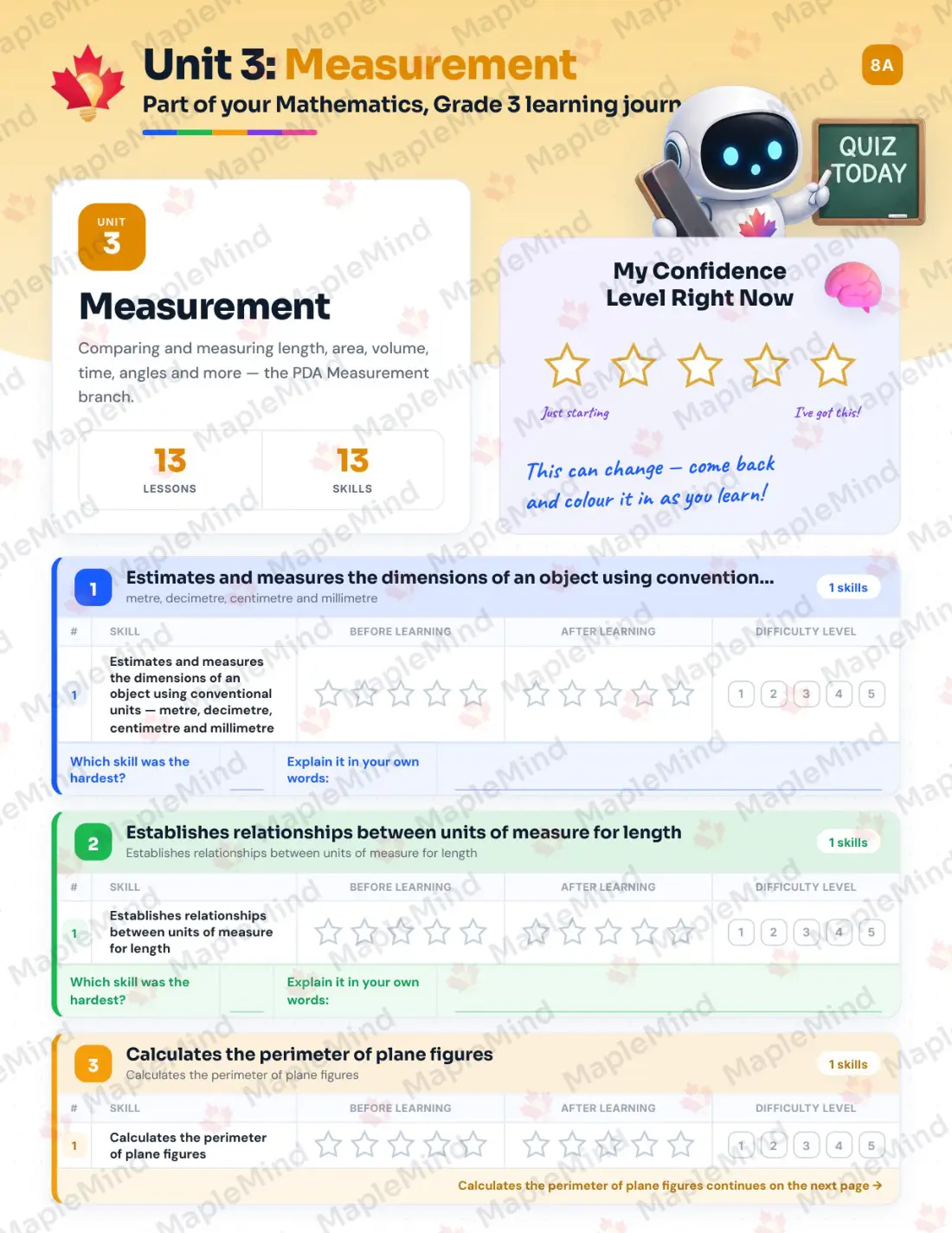 Page 33 of 57 from the Mathematics, Grade 3 Quebec Course Companion — skills tracker with before and after self-assessment