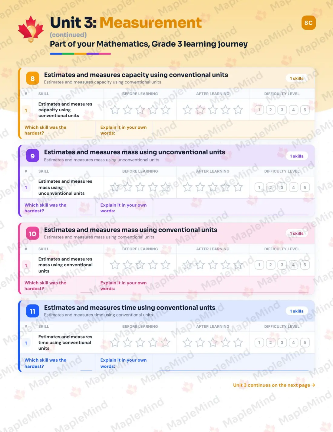 Page 35 of 57 from the Mathematics, Grade 3 Quebec Course Companion — skills tracker with before and after self-assessment