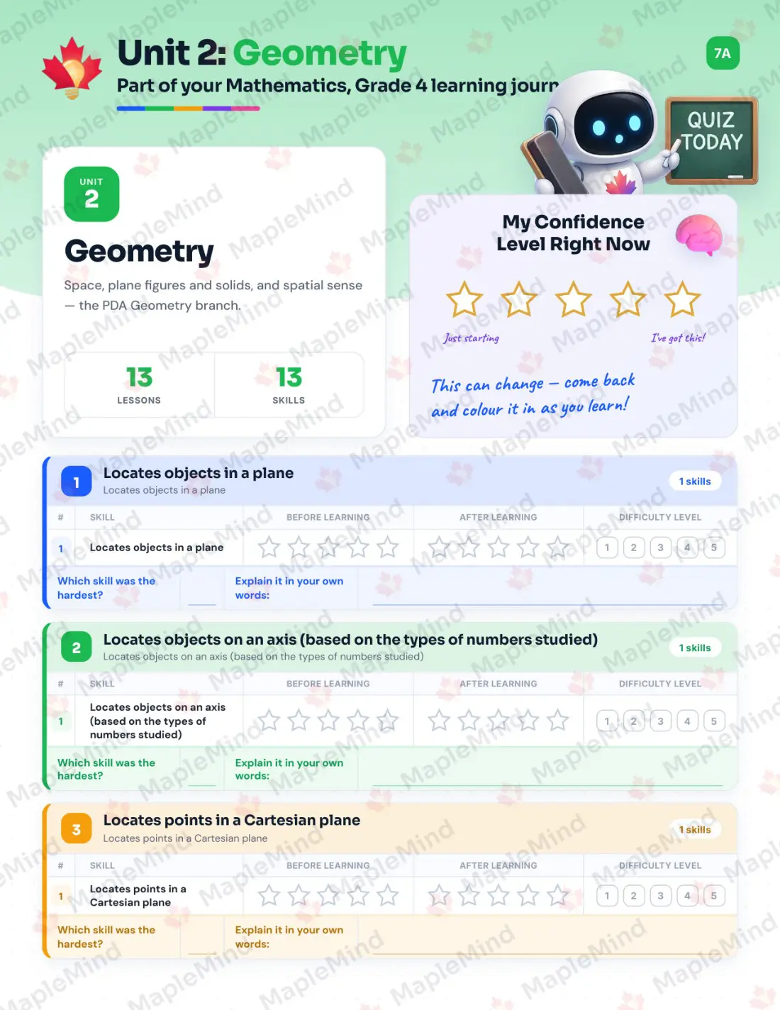 Page 27 of 57 from the Mathematics, Grade 4 Quebec Course Companion — skills tracker with before and after self-assessment