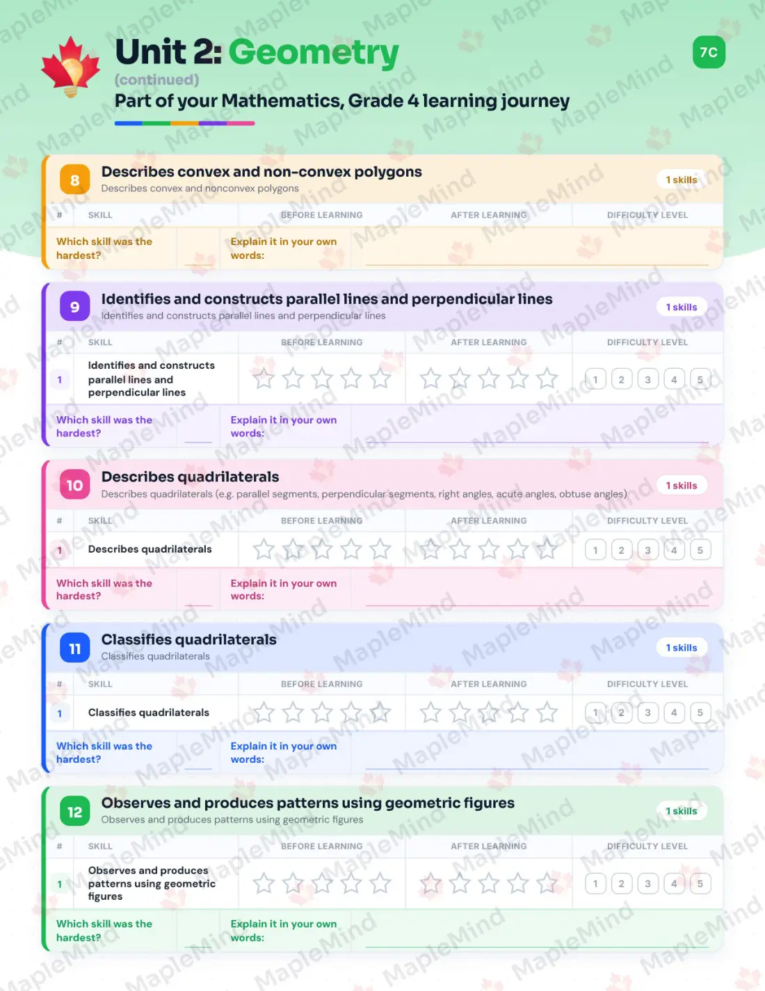 Page 29 of 57 from the Mathematics, Grade 4 Quebec Course Companion — skills tracker with before and after self-assessment