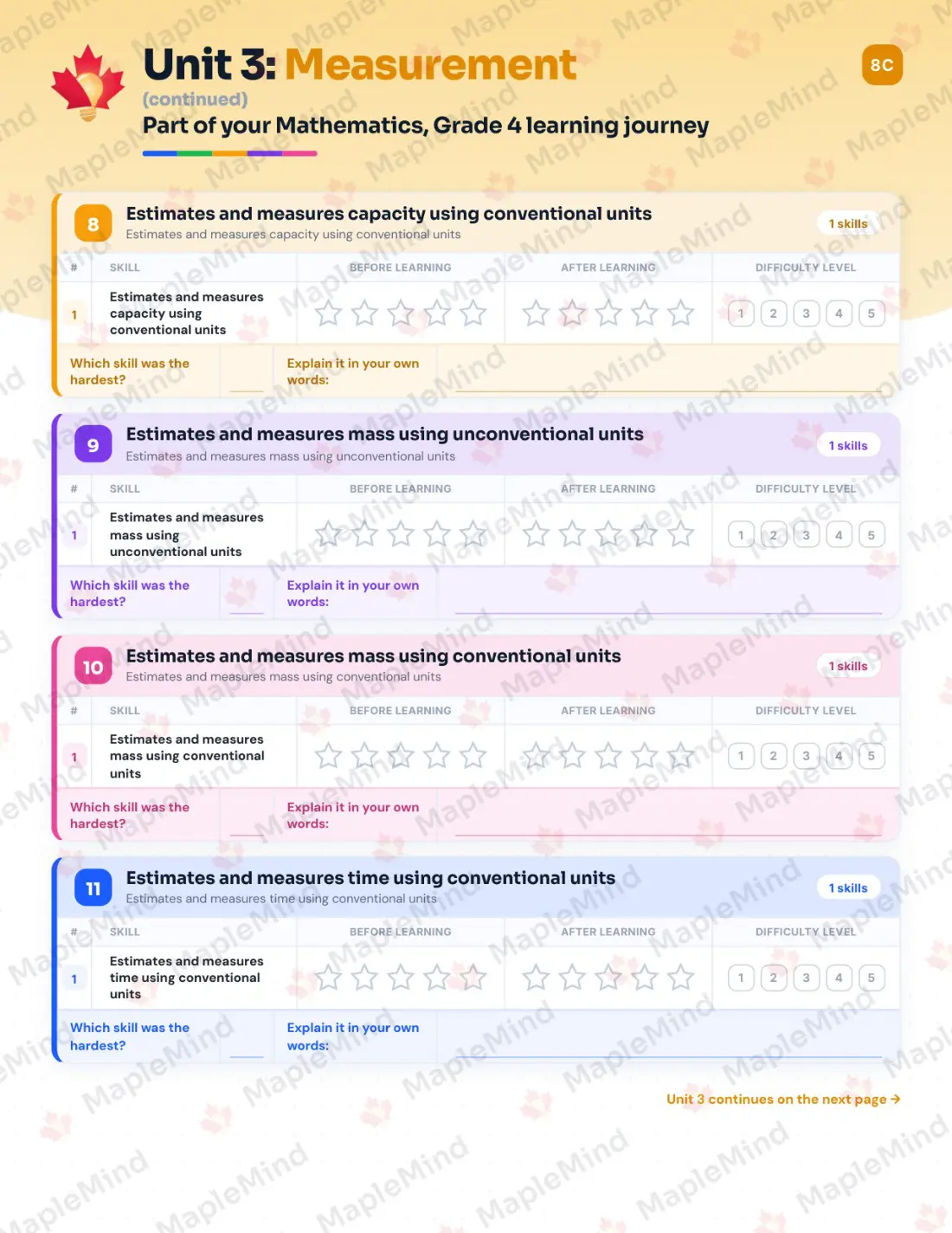 Page 35 of 57 from the Mathematics, Grade 4 Quebec Course Companion — skills tracker with before and after self-assessment