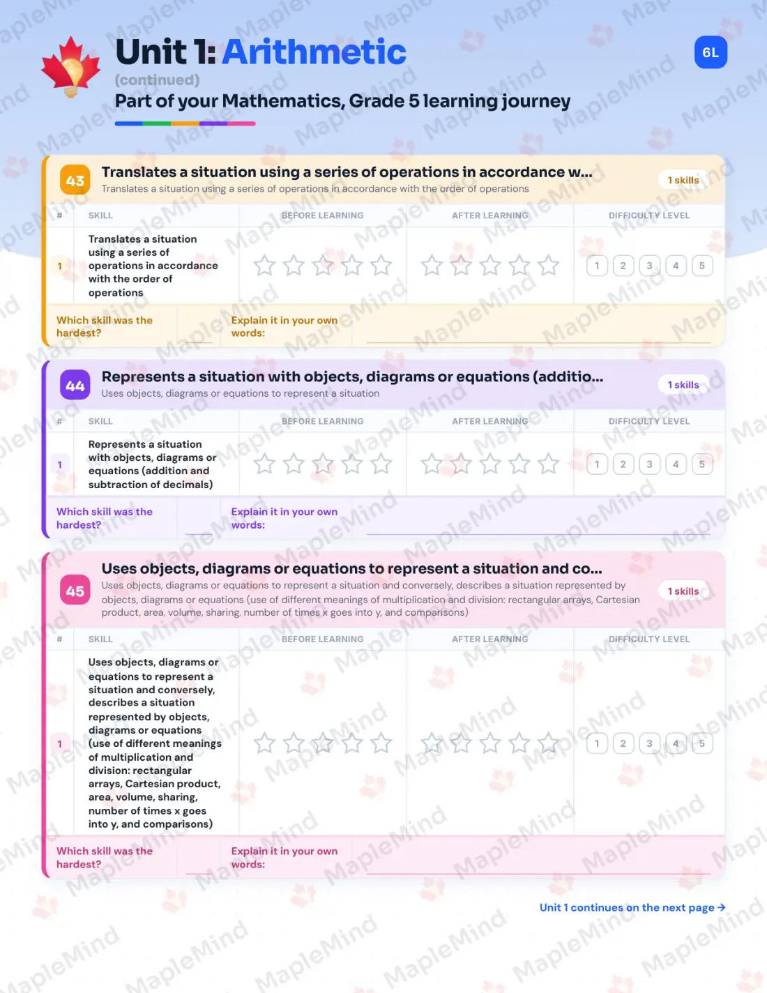 Page 22 of 62 from the Mathematics, Grade 5 Quebec Course Companion — skills tracker with before and after self-assessment