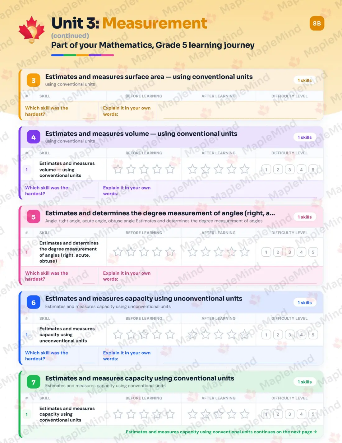 Page 38 of 62 from the Mathematics, Grade 5 Quebec Course Companion — skills tracker with before and after self-assessment