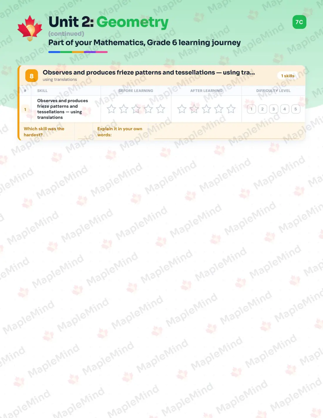 Page 32 of 59 from the Mathematics, Grade 6 Quebec Course Companion — skills tracker with before and after self-assessment