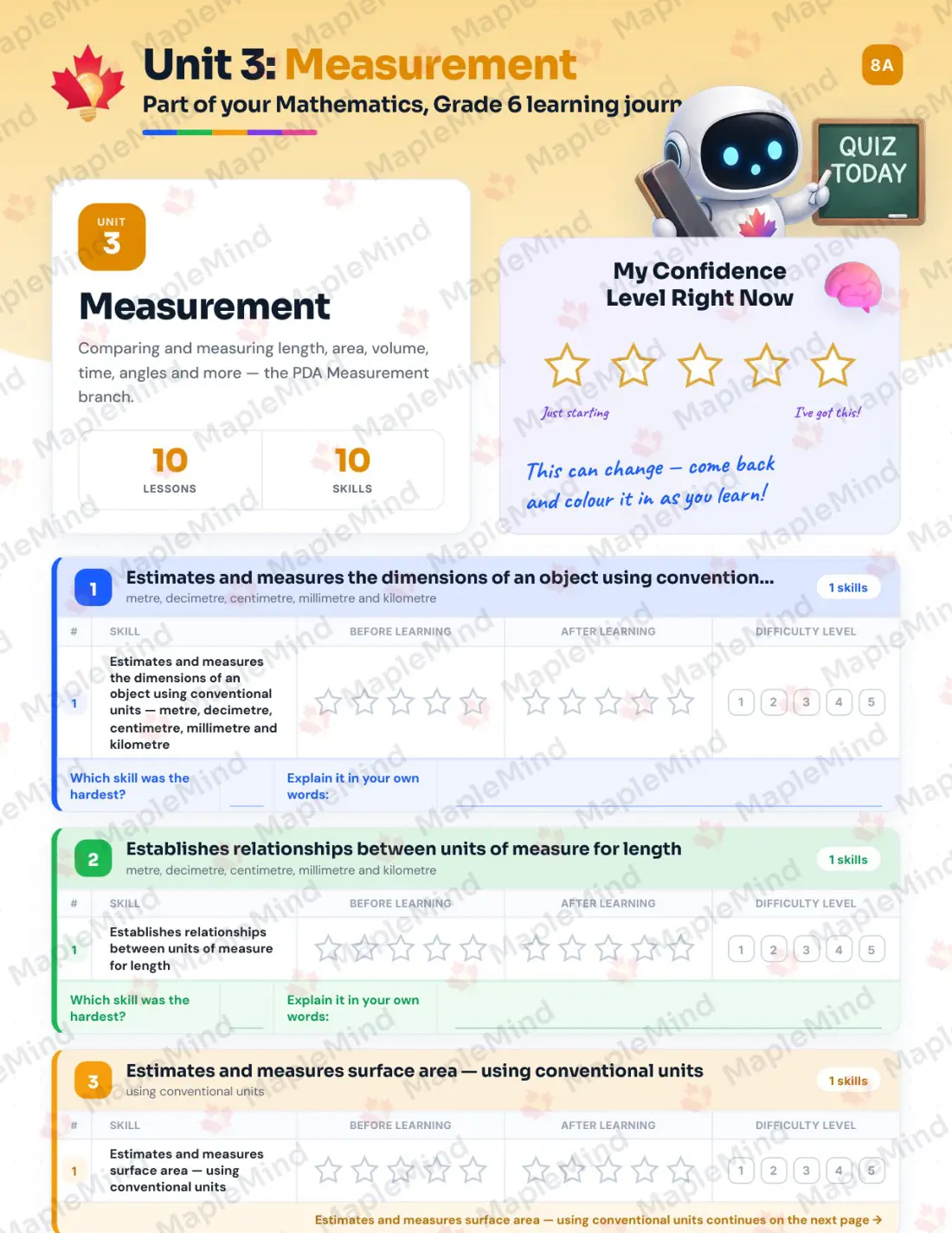 Page 35 of 59 from the Mathematics, Grade 6 Quebec Course Companion — skills tracker with before and after self-assessment