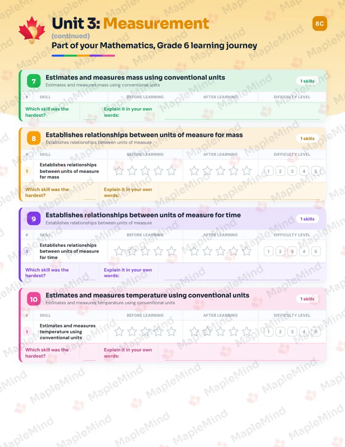 Page 37 of 59 from the Mathematics, Grade 6 Quebec Course Companion — skills tracker with before and after self-assessment