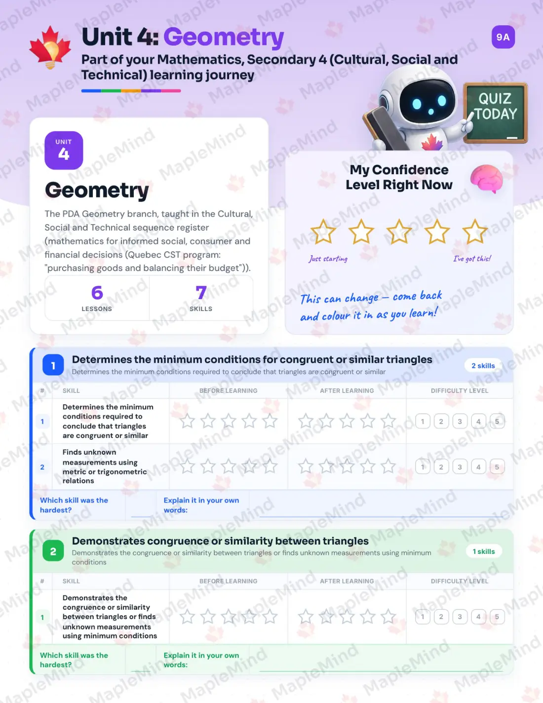 Page 21 of 43 from the Mathematics, Secondary 4 (Cultural, Social and Technical) Quebec Course Companion — skills tracker with before and after self-assessment