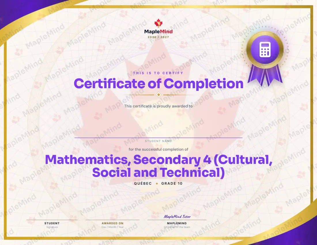 Page 43 of 43 from the Mathematics, Secondary 4 (Cultural, Social and Technical) Quebec Course Companion — year in review and certificate of completion