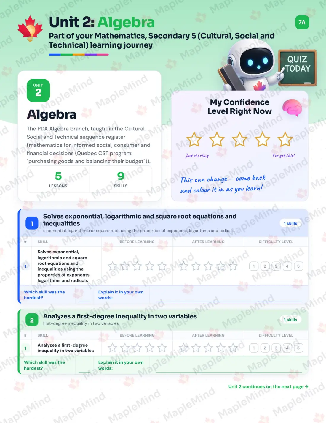 Page 11 of 46 from the Mathematics, Secondary 5 (Cultural, Social and Technical) Quebec Course Companion — skills tracker with before and after self-assessment