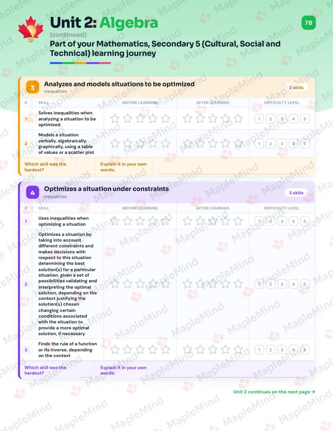 Page 12 of 46 from the Mathematics, Secondary 5 (Cultural, Social and Technical) Quebec Course Companion — skills tracker with before and after self-assessment