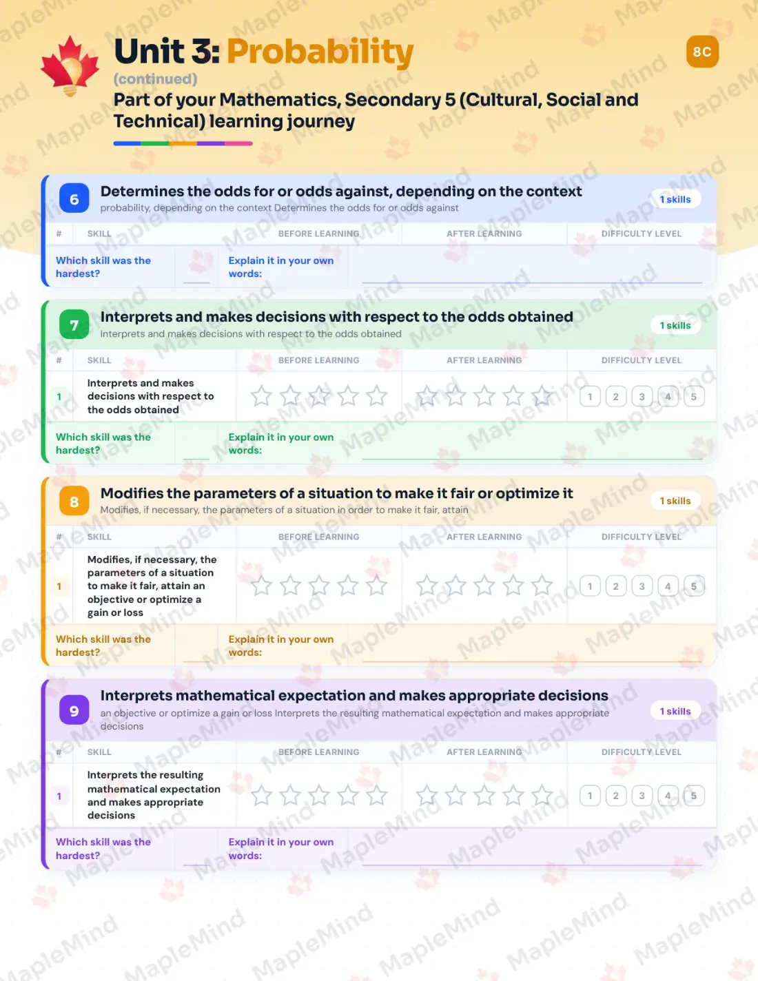 Page 18 of 46 from the Mathematics, Secondary 5 (Cultural, Social and Technical) Quebec Course Companion — skills tracker with before and after self-assessment